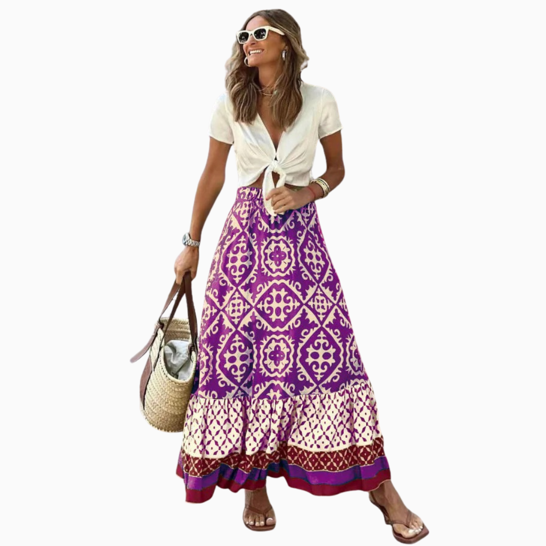 Jupe Longue Bohème Femme – Imprimé Mixte Ourlet Volanté | Style Estival & Vacances