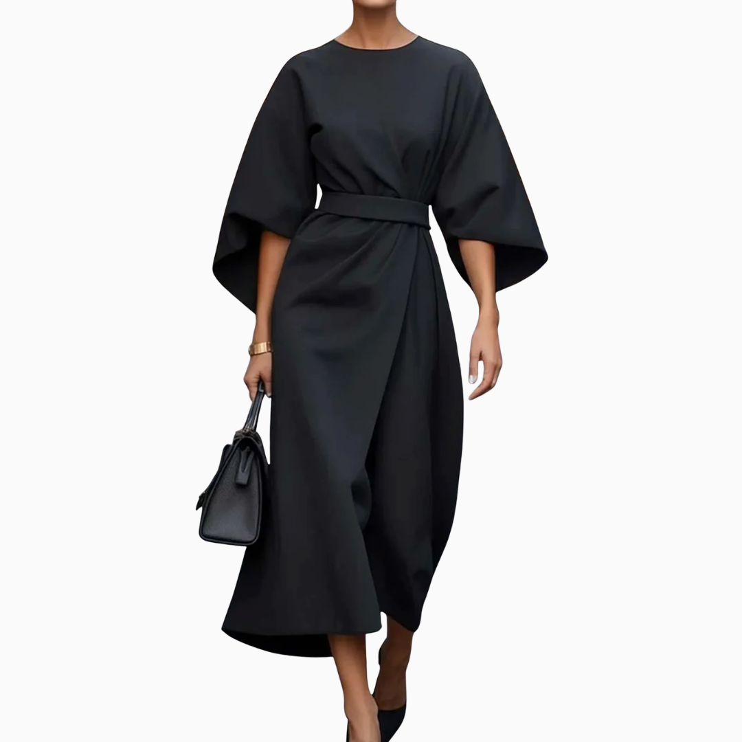 Robe Midi Femme – Manches Larges & Ceinture Taille | Élégance Structurée au Quotidien