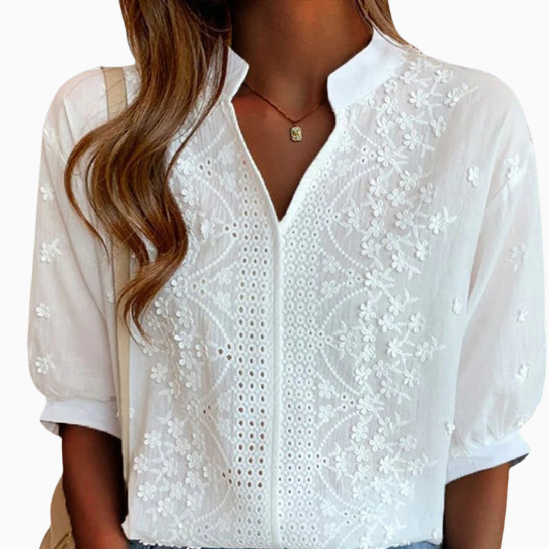 Blouse Femme Brodée Dentelle – Manches Mi-Longues Légère | Élégante & Féminine
