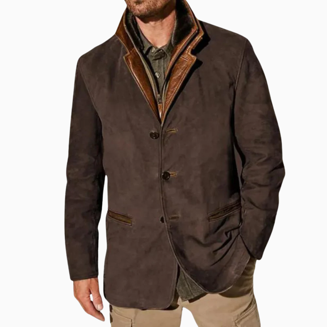 Veste Homme Suédine – Col Montant Zippée & Boutons | Style Casual Élégant