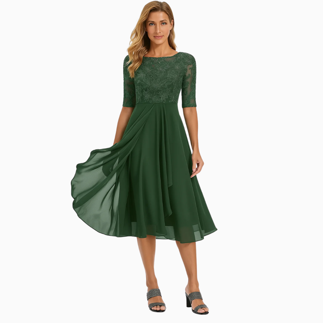 Robe Midi Femme Dentelle & Jupe Fluide – Manches Courtes | Élégance Féminine