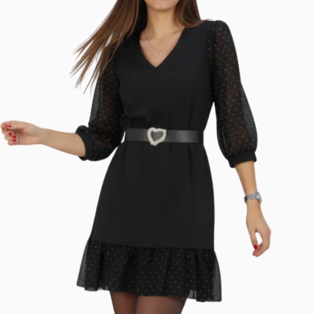 Robe courte femme col en V manches transparentes à pois