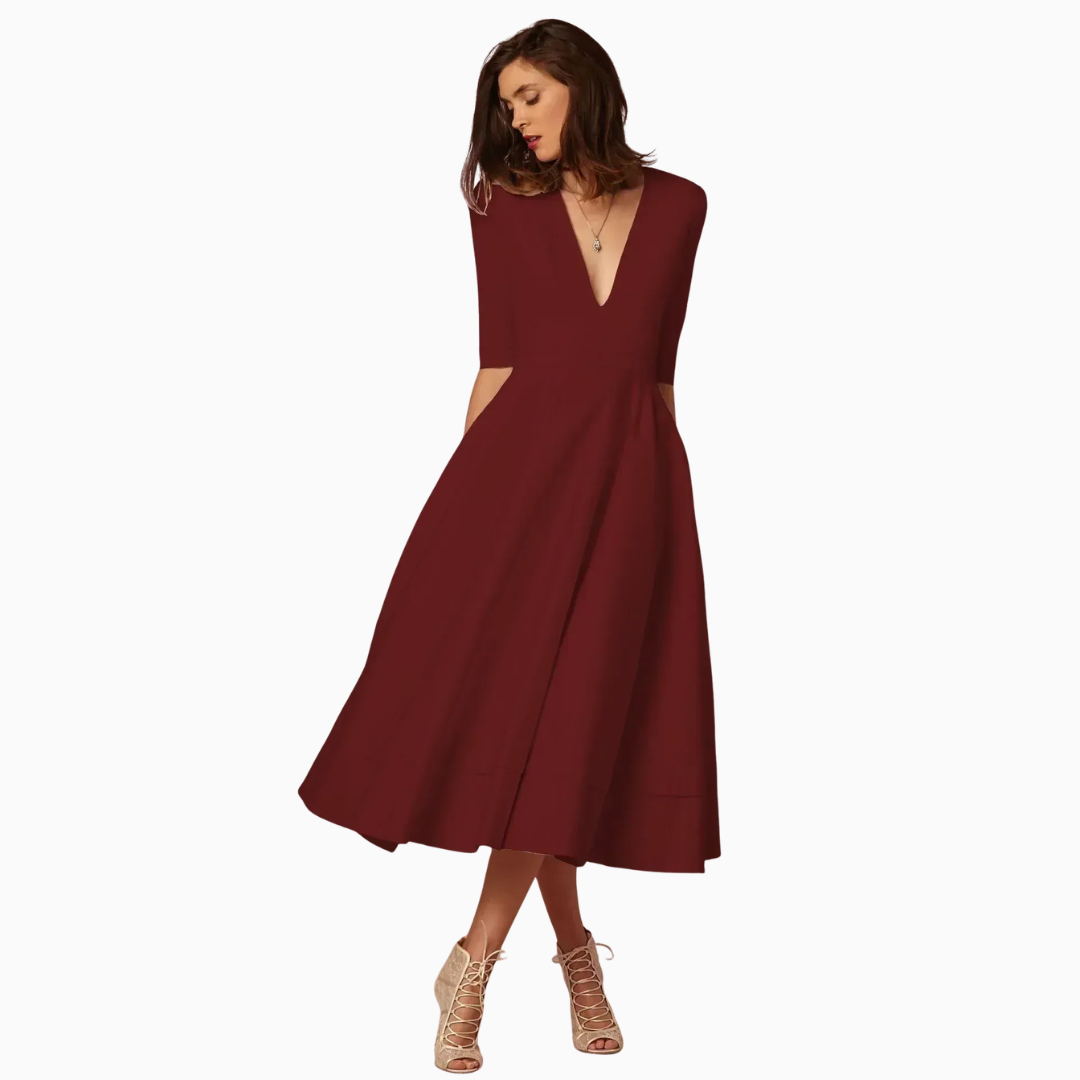 Robe Midi Femme Col V – Taille Ajustée Jupe Évasée | Silhouette Chic au Quotidien
