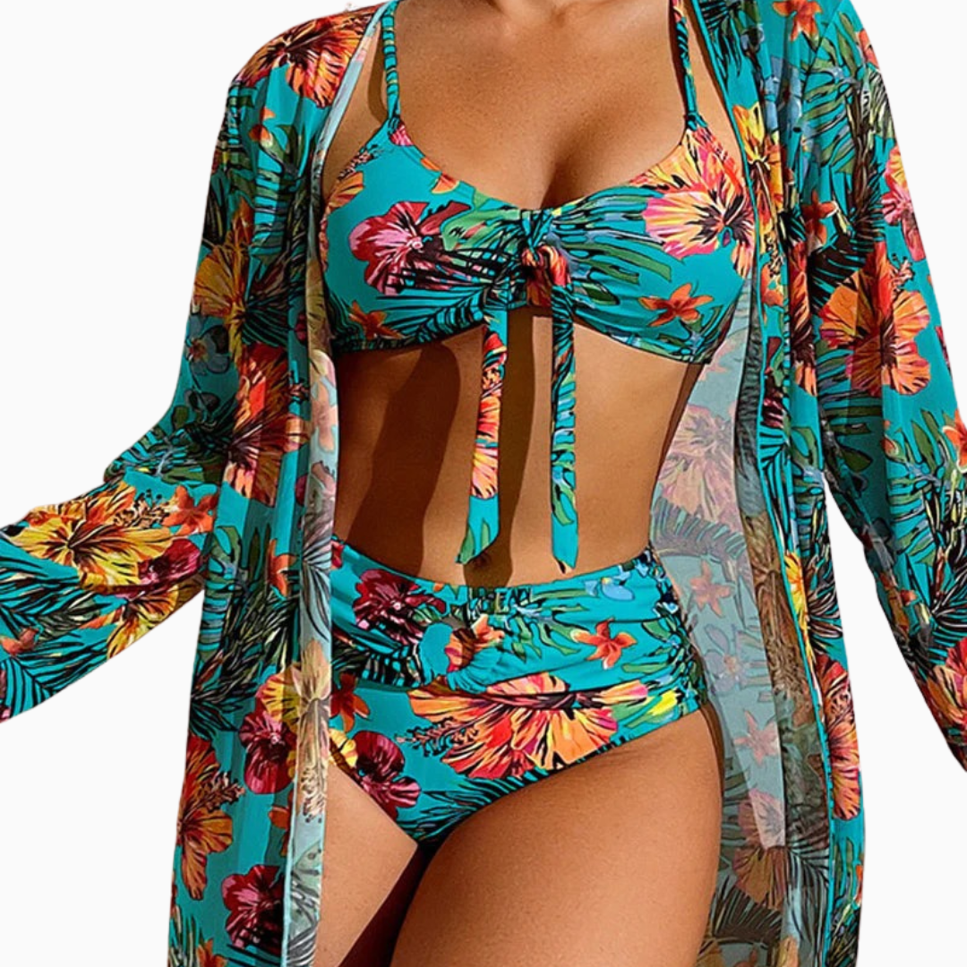 Céleste | bikini femme avec print slip taille haute et blouse de plage légère