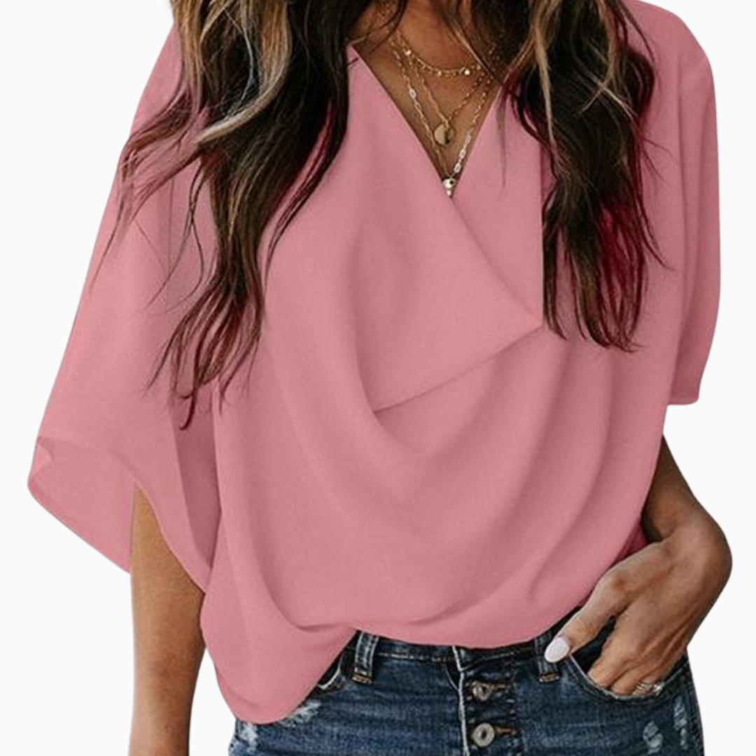 Blouse Femme Col V – Manches Courtes Tissu Fluide | Élégance au Quotidien