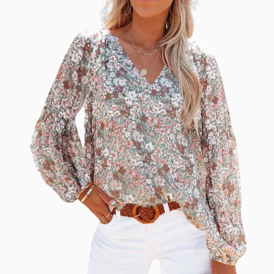 Blouse Femme Fleurie Col V – Manches Longues Légère & Fluide | Look Féminin pour les Beaux Jours