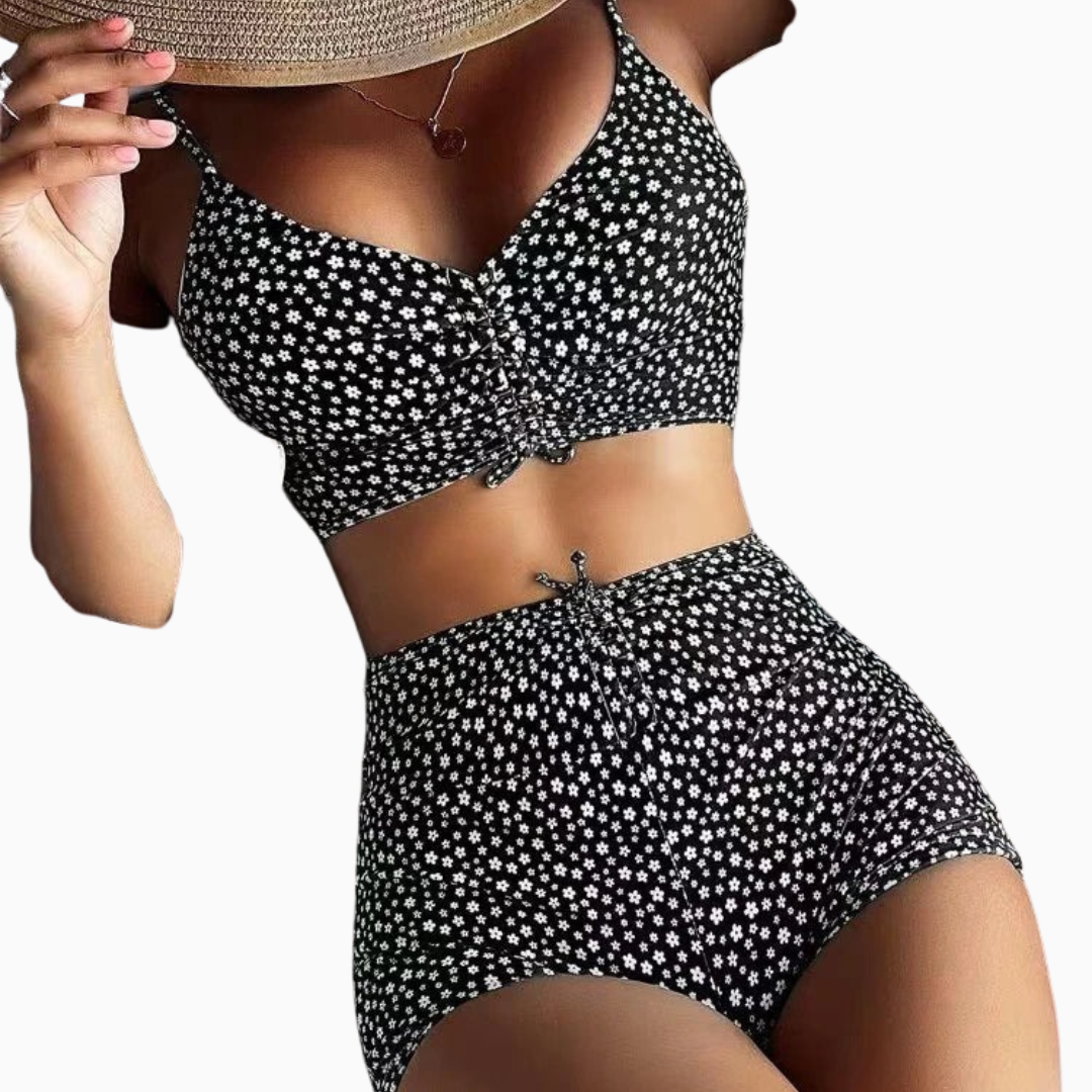 Louna | bikini femme à fleurs avec slip taille haute et haut à nouer