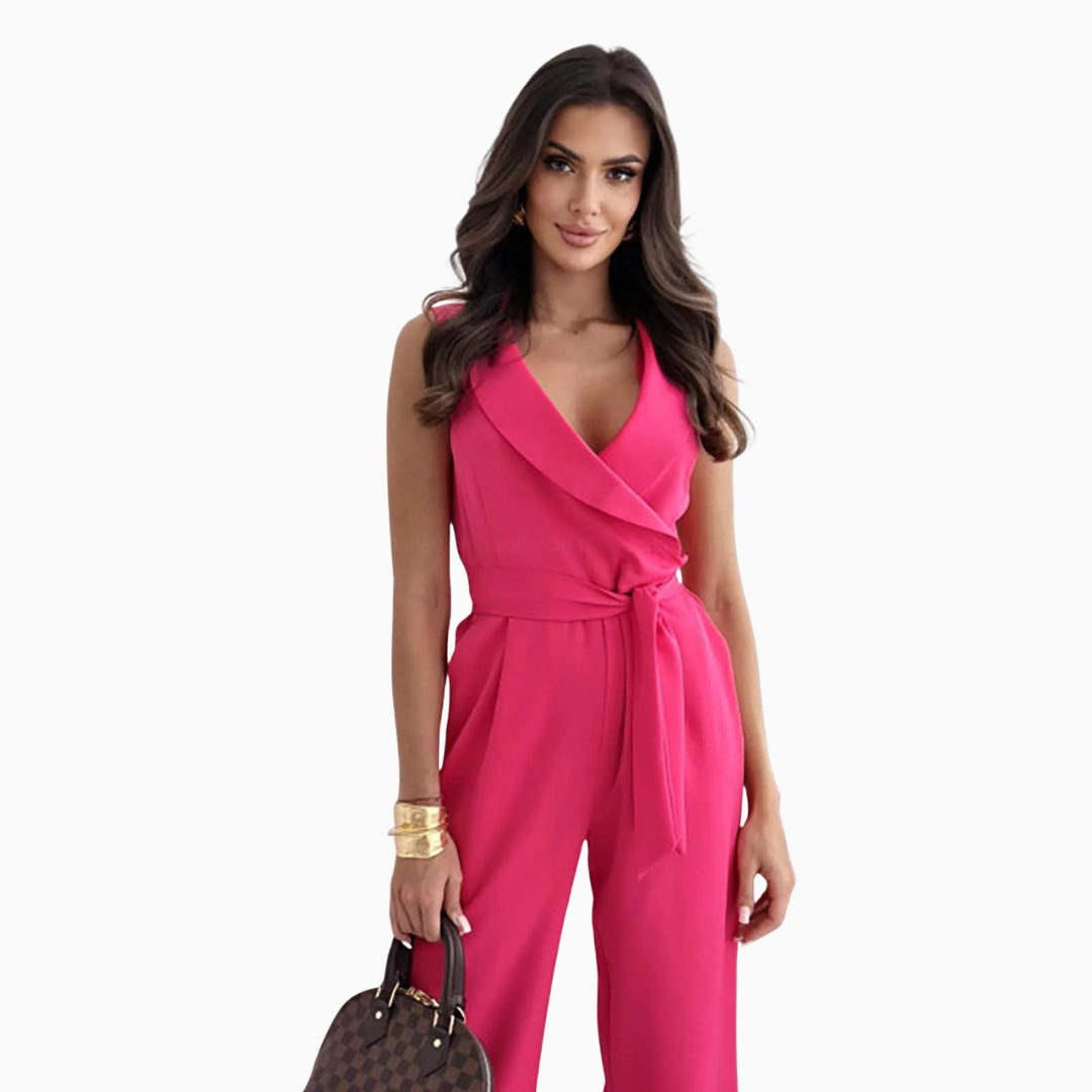 Combinaison Femme Sans Manches – Col V Portefeuille & Pantalon Large | Élégance Chic Garanti