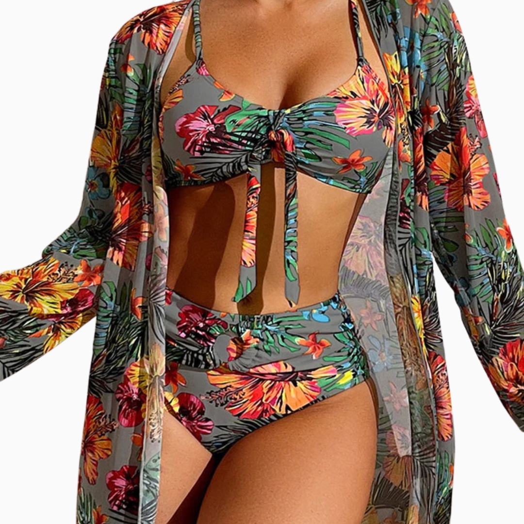 Céleste | bikini femme avec print slip taille haute et blouse de plage légère