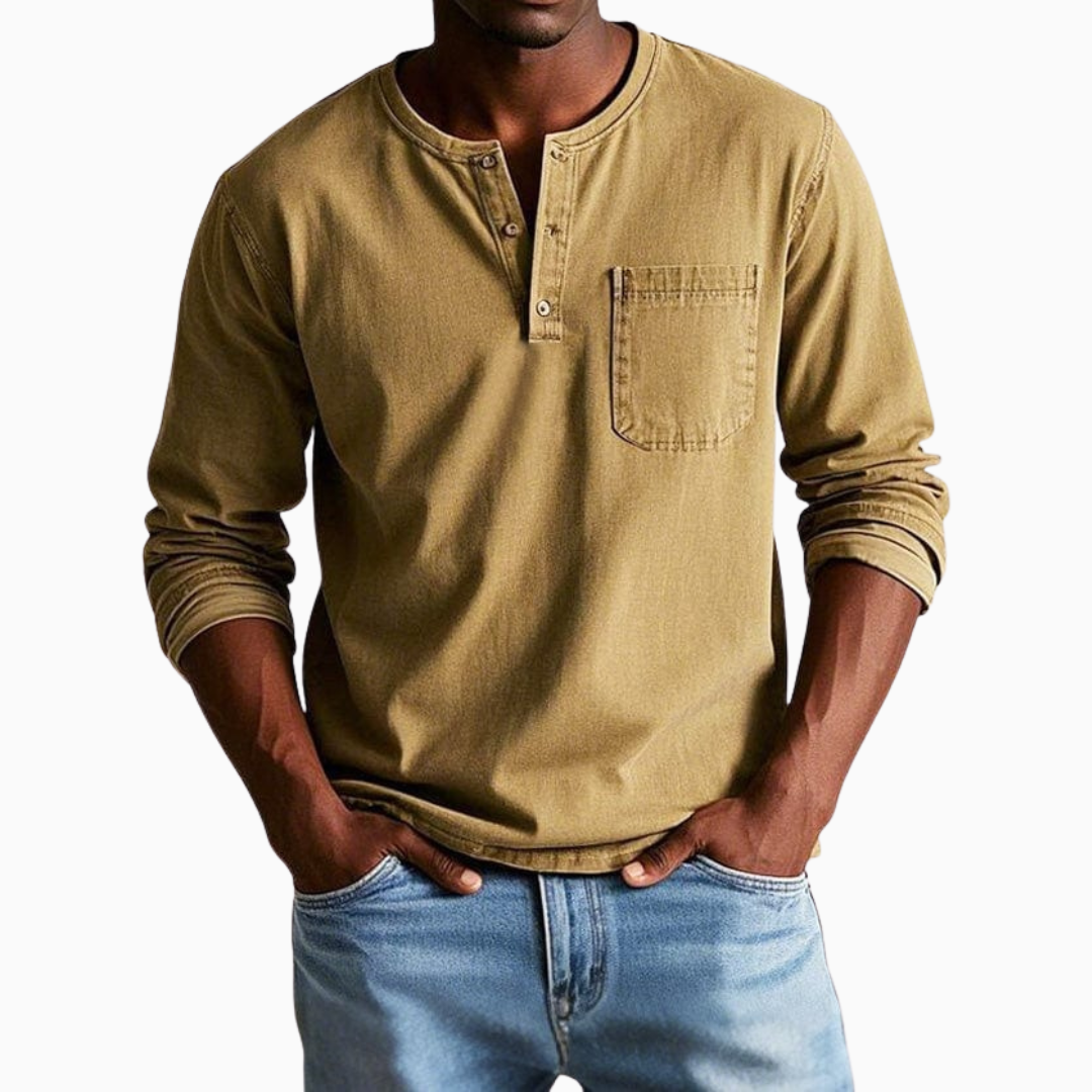 T-shirt Homme Manches Longues Style Henley – Haut Décontracté à Boutons