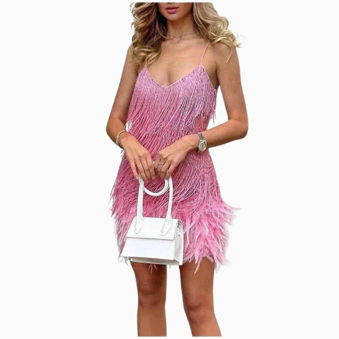 Robe Courte Femme Franges & Plumes – Bretelles Fines Col V | Look Soirée Glamour