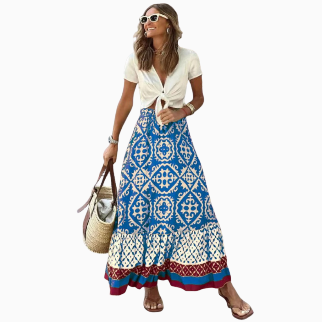Jupe Longue Bohème Femme – Imprimé Mixte Ourlet Volanté | Style Estival & Vacances