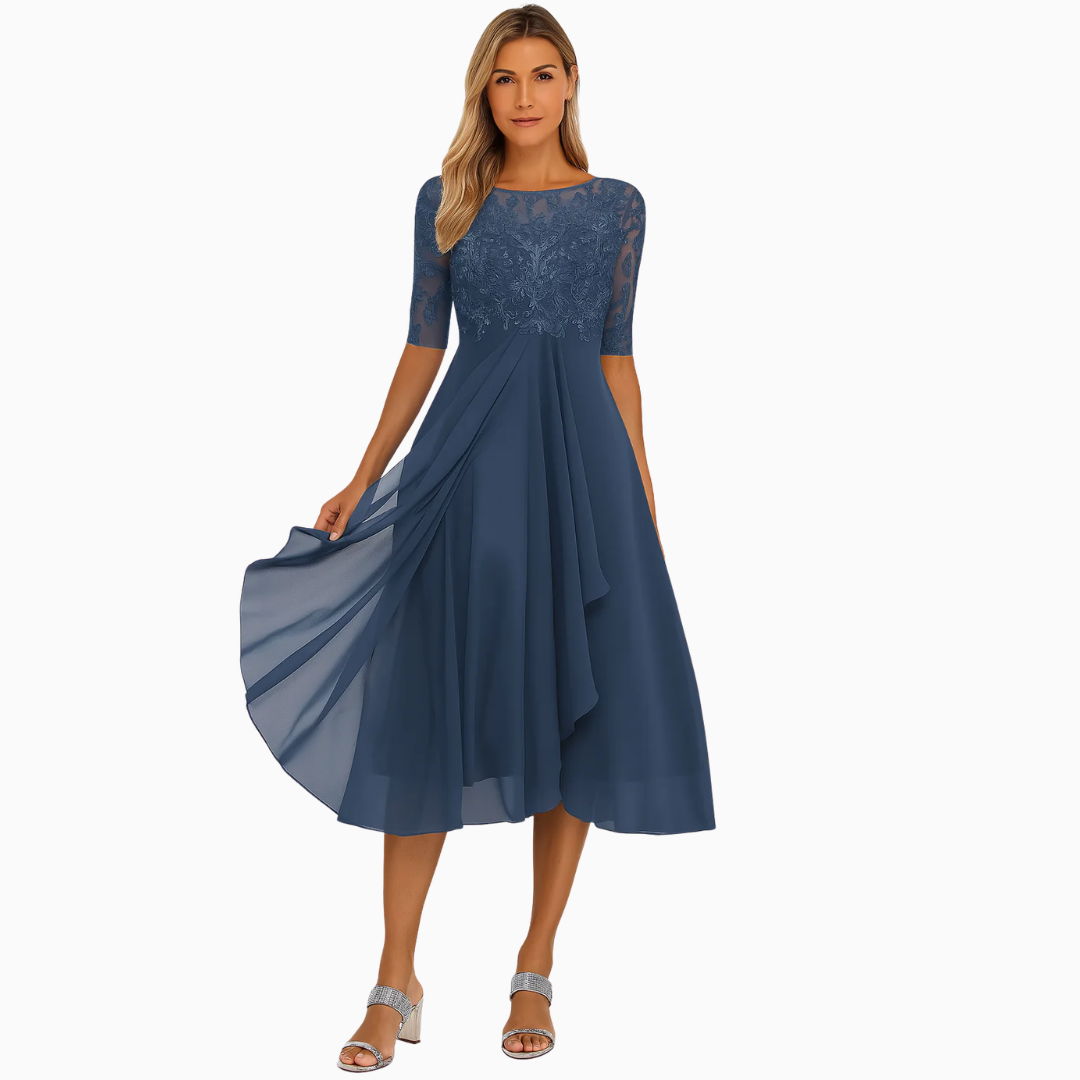Robe Midi Femme Dentelle & Jupe Fluide – Manches Courtes | Élégance Féminine