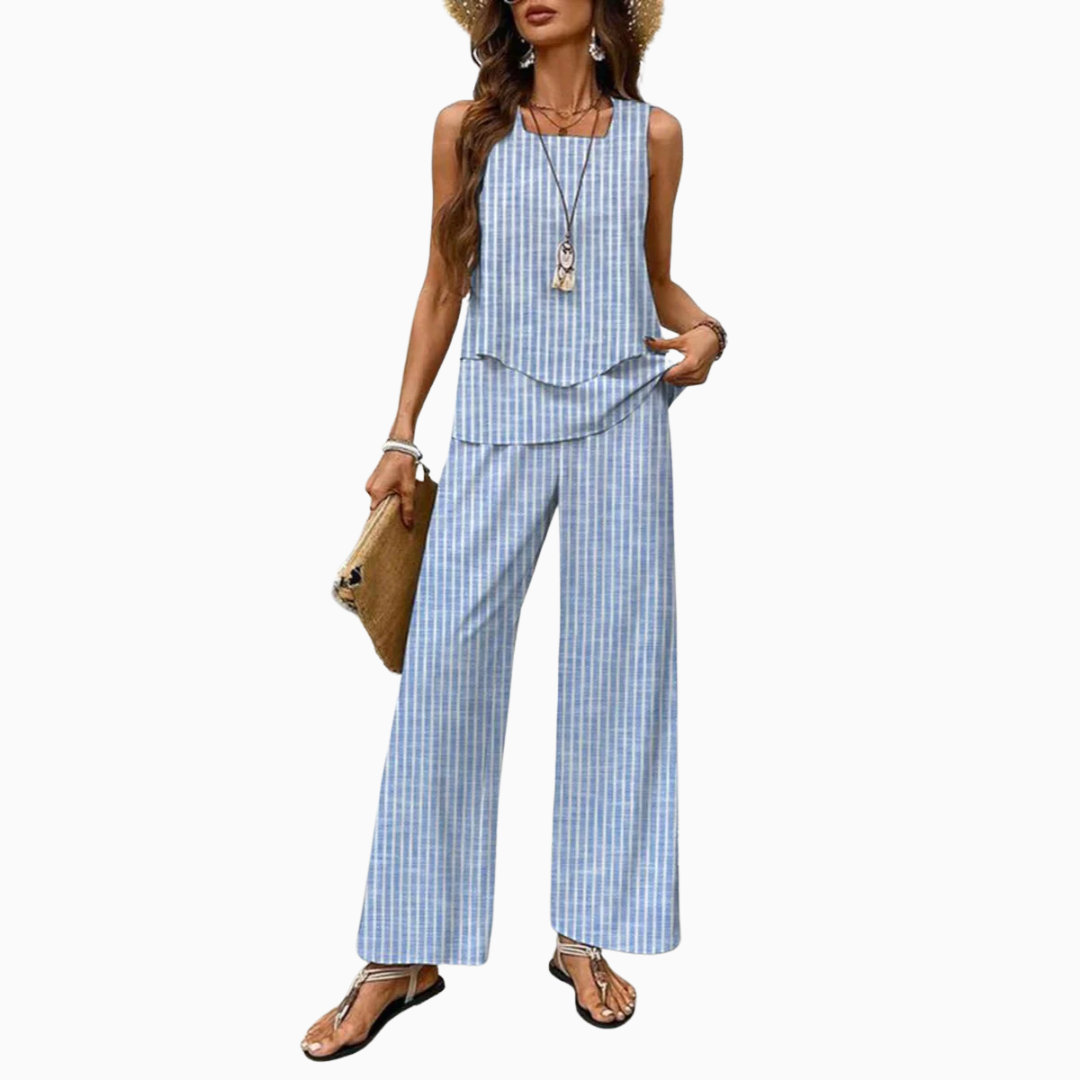 Ensemble Femme Deux Pièces Rayé – Haut Sans Manches & Pantalon Large | Style Estival Chic