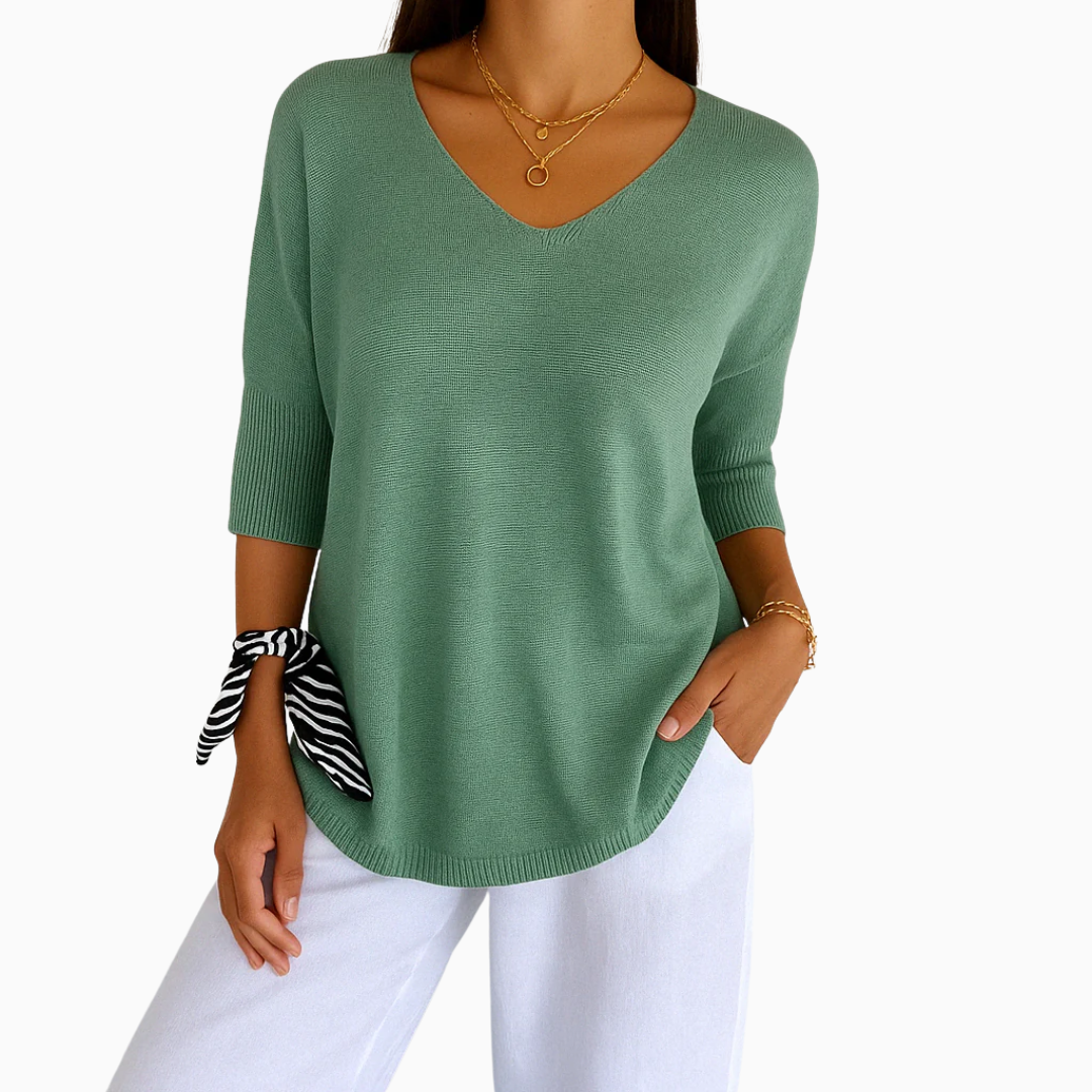 Pull Femme Col V Maille Légère Manches Courtes Coupe Décontractée