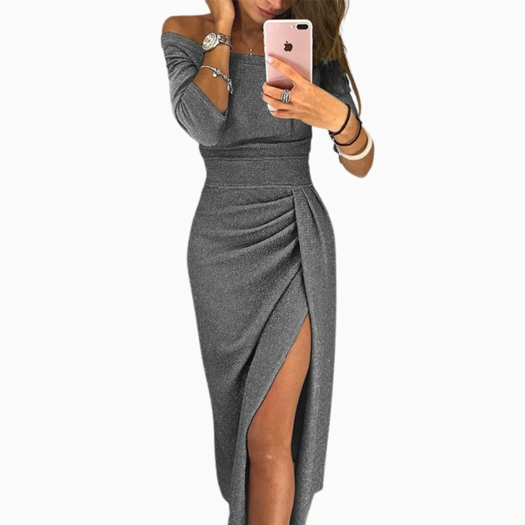 Robe Midi Femme Épaules Dénudées – Jupe Portefeuille Fendue | Look Soirée Raffiné