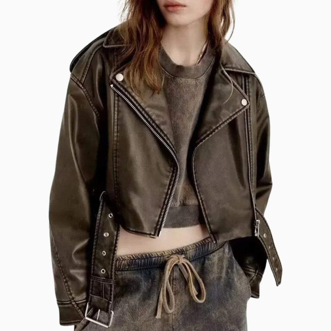 Veste Femme Courte Zippée – Ceinture Ajustable Cuir-Look | Style Moderne & Affirmé