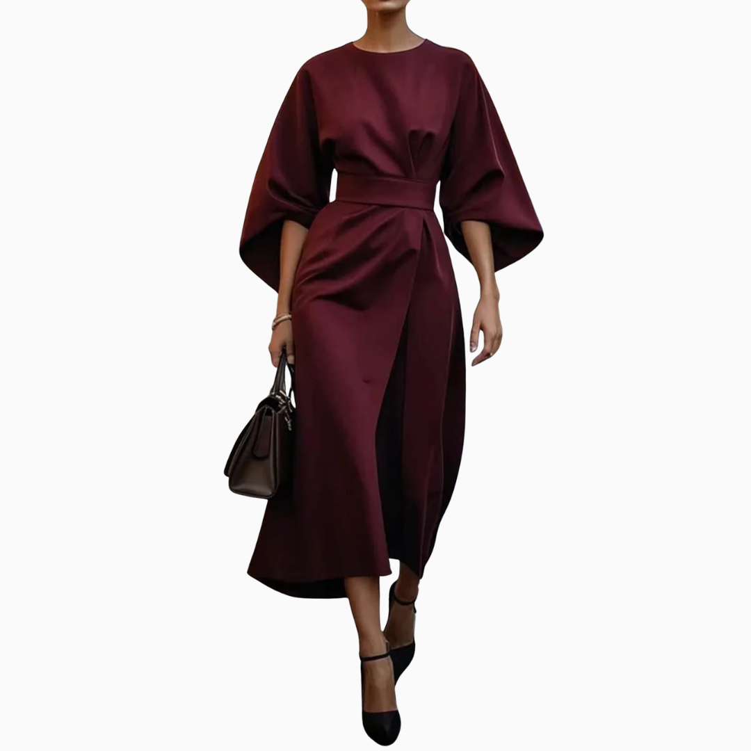 Robe Midi Femme – Manches Larges & Ceinture Taille | Élégance Structurée au Quotidien