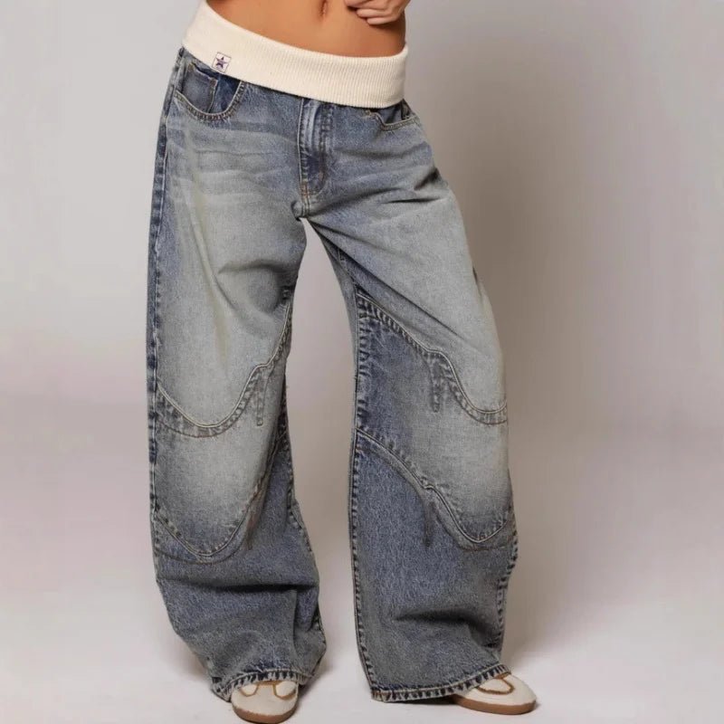 Jean Large Femme Patchwork Vintage Washed – Baggy Fit Tendance | Luna Jeans Femme