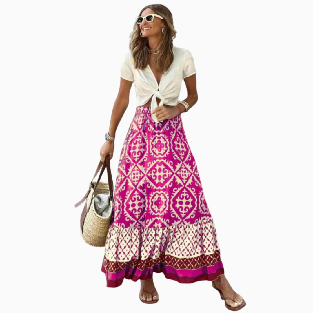 Jupe Longue Bohème Femme – Imprimé Mixte Ourlet Volanté | Style Estival & Vacances