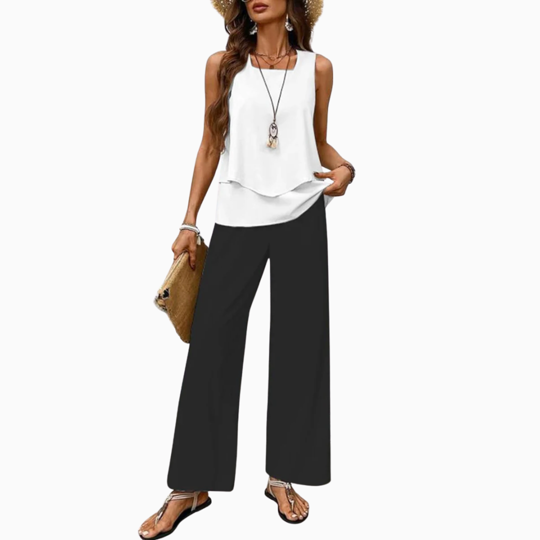 Ensemble Femme Deux Pièces Rayé – Haut Sans Manches & Pantalon Large | Style Estival Chic