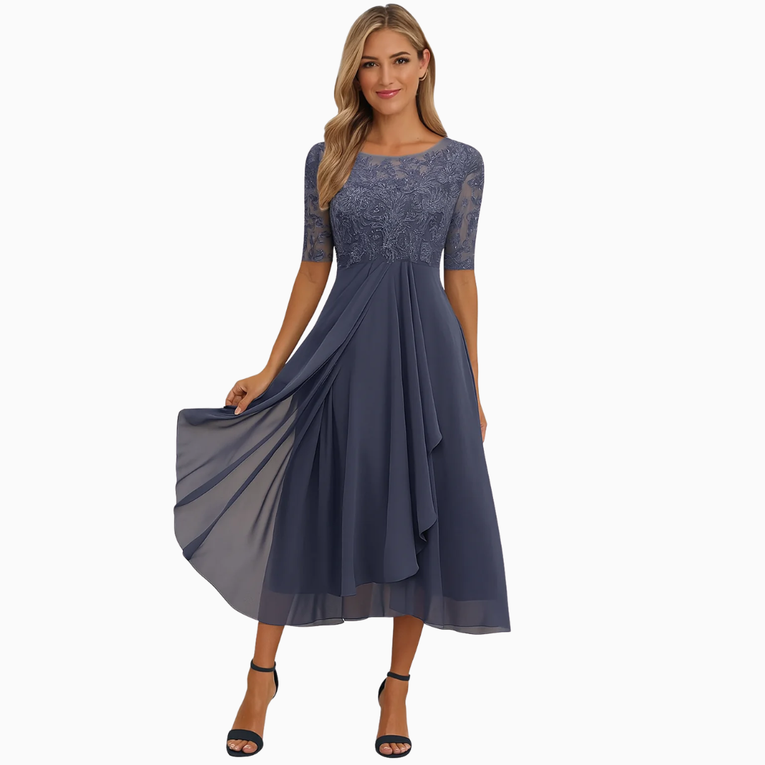 Robe Midi Femme Dentelle & Jupe Fluide – Manches Courtes | Élégance Féminine