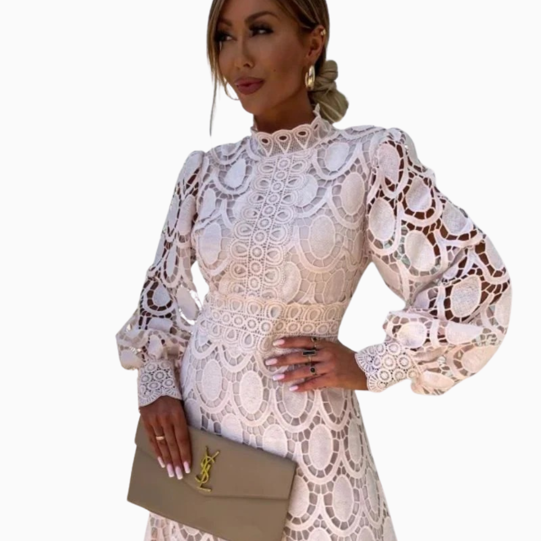 Robe Midi Femme Dentelle & Jupe Évasée – Col Montant Manches Bouffantes | Élégance Romantique