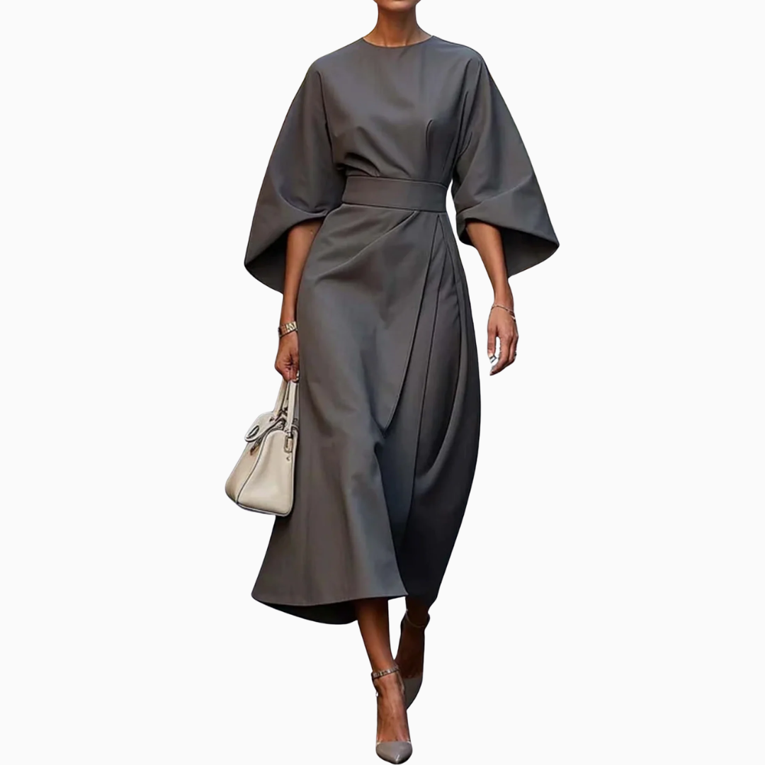 Robe Midi Femme – Manches Larges & Ceinture Taille | Élégance Structurée au Quotidien