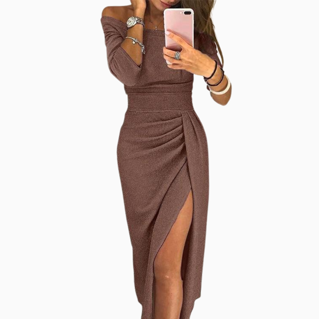 Robe Midi Femme Épaules Dénudées – Jupe Portefeuille Fendue | Look Soirée Raffiné