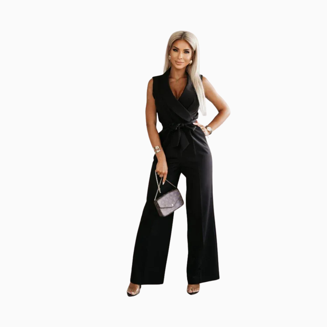Combinaison Femme Sans Manches – Col V Portefeuille & Pantalon Large | Élégance Chic Garanti