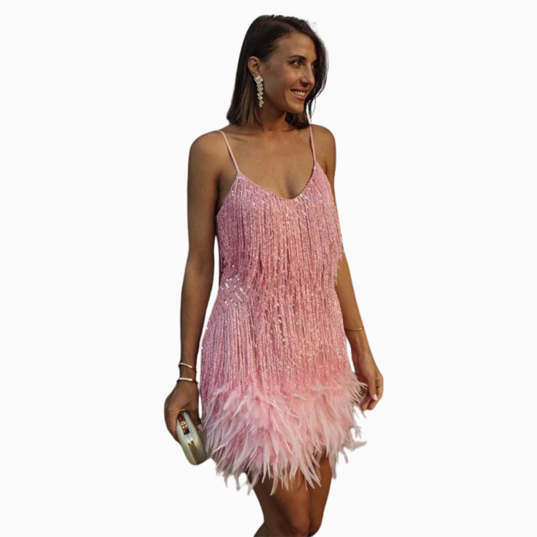 Robe Courte Femme Franges & Plumes – Bretelles Fines Col V | Look Soirée Glamour