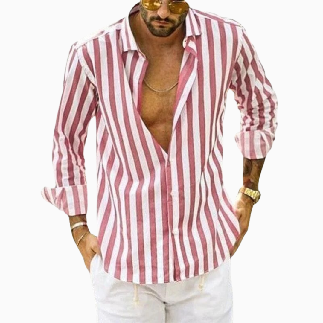 Blouse Homme Rayures – Manches Longues Légère Col Ouvert | Style Estival Décontracté