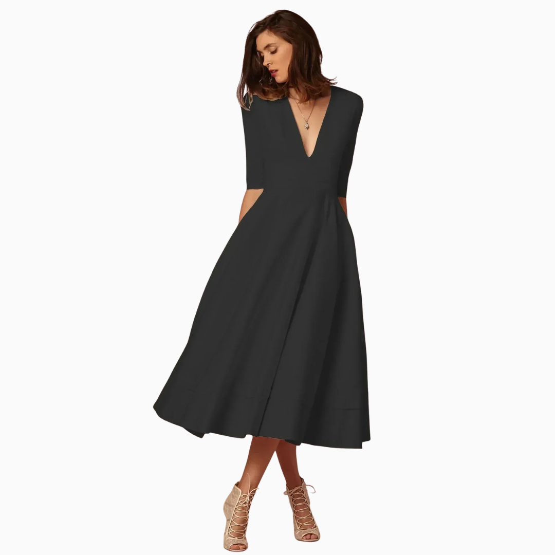 Robe Midi Femme Col V – Taille Ajustée Jupe Évasée | Silhouette Chic au Quotidien