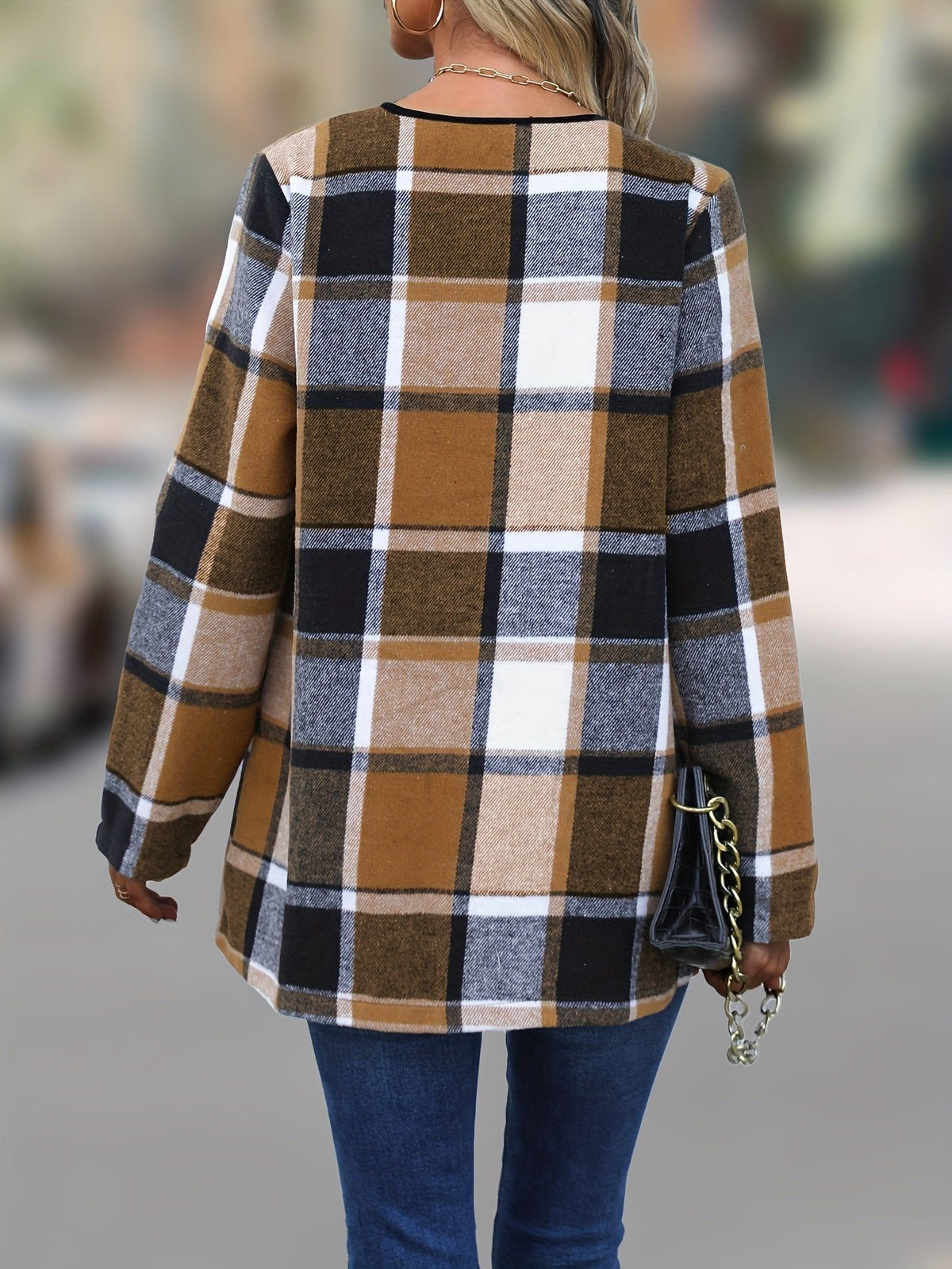 Veste Drapée Femme Tartan Camel & Marine – Coupe Élégante Drapée | Julia Lumberjack Chic