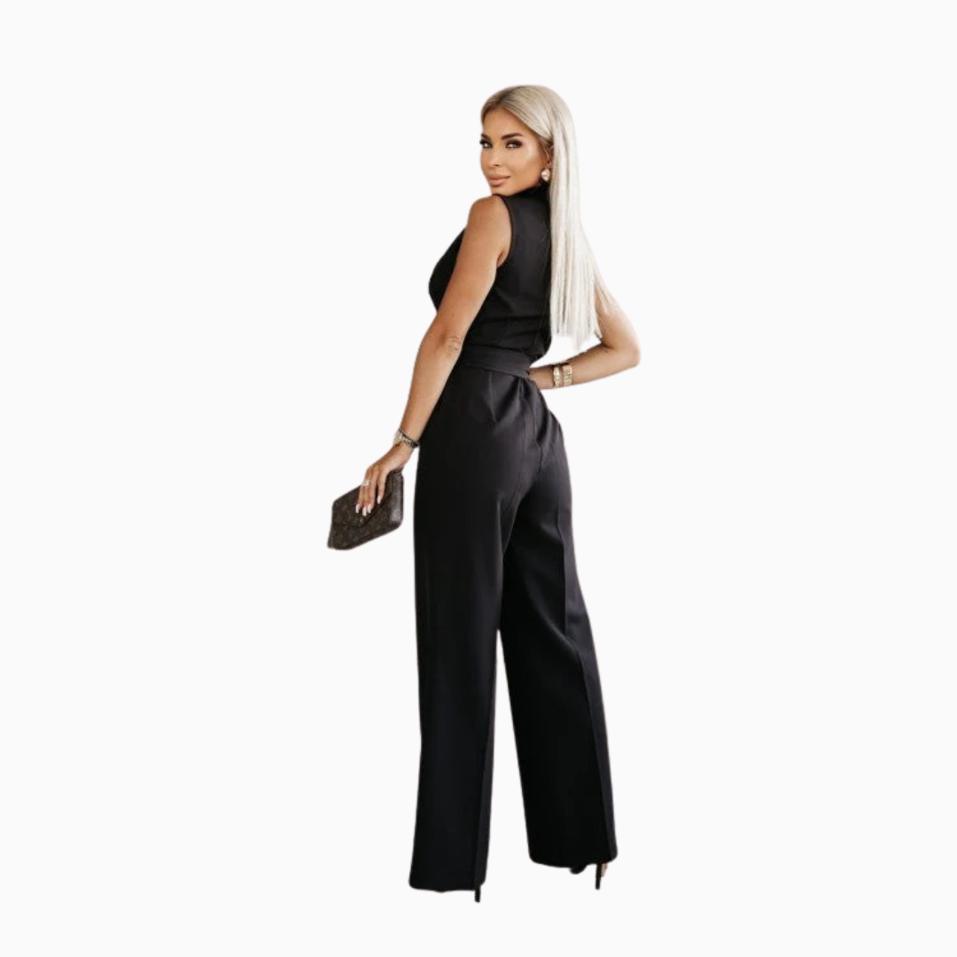 Combinaison Femme Sans Manches – Col V Portefeuille & Pantalon Large | Élégance Chic Garanti