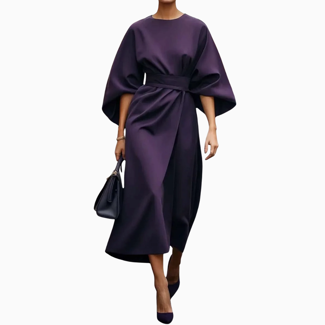 Robe Midi Femme – Manches Larges & Ceinture Taille | Élégance Structurée au Quotidien