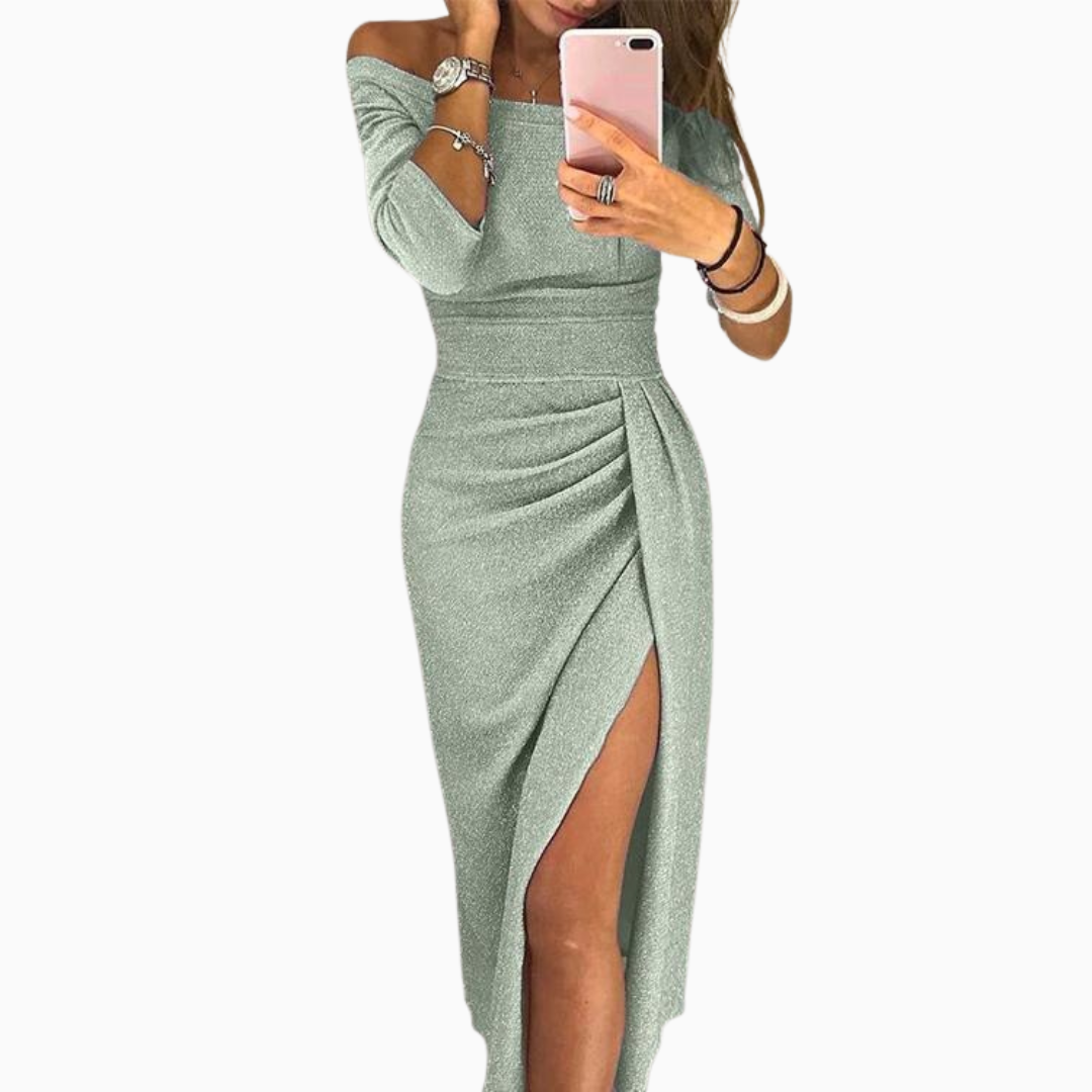 Robe Midi Femme Épaules Dénudées – Jupe Portefeuille Fendue | Look Soirée Raffiné