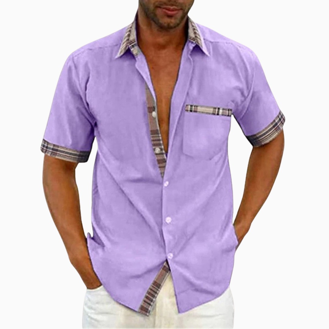 Blouse Homme Été – Col Classique Poche Poitrine Détails Contrastés | Casual & Moderne