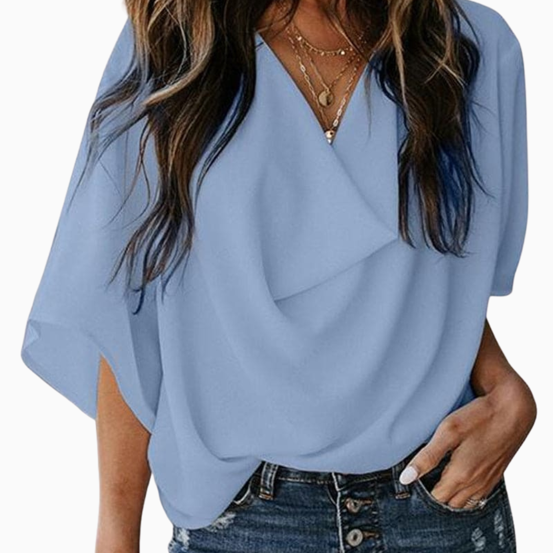 Blouse Femme Col V – Manches Courtes Tissu Fluide | Élégance au Quotidien