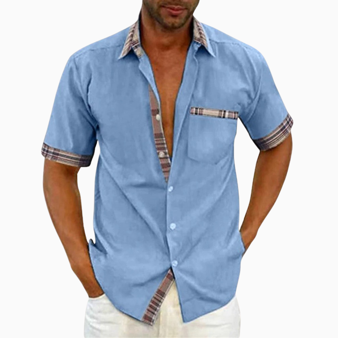Blouse Homme Été – Col Classique Poche Poitrine Détails Contrastés | Casual & Moderne