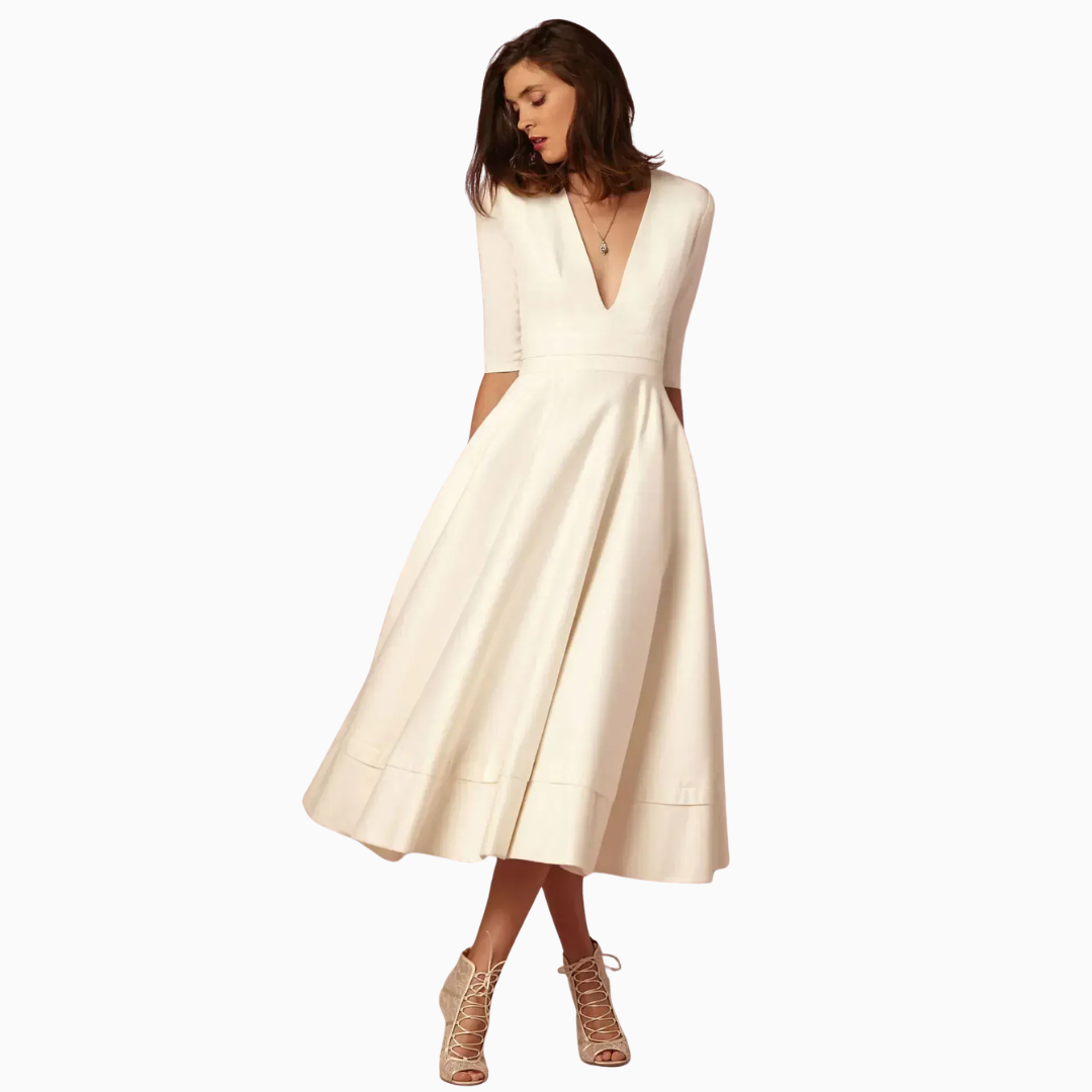 Robe Midi Femme Col V – Taille Ajustée Jupe Évasée | Silhouette Chic au Quotidien