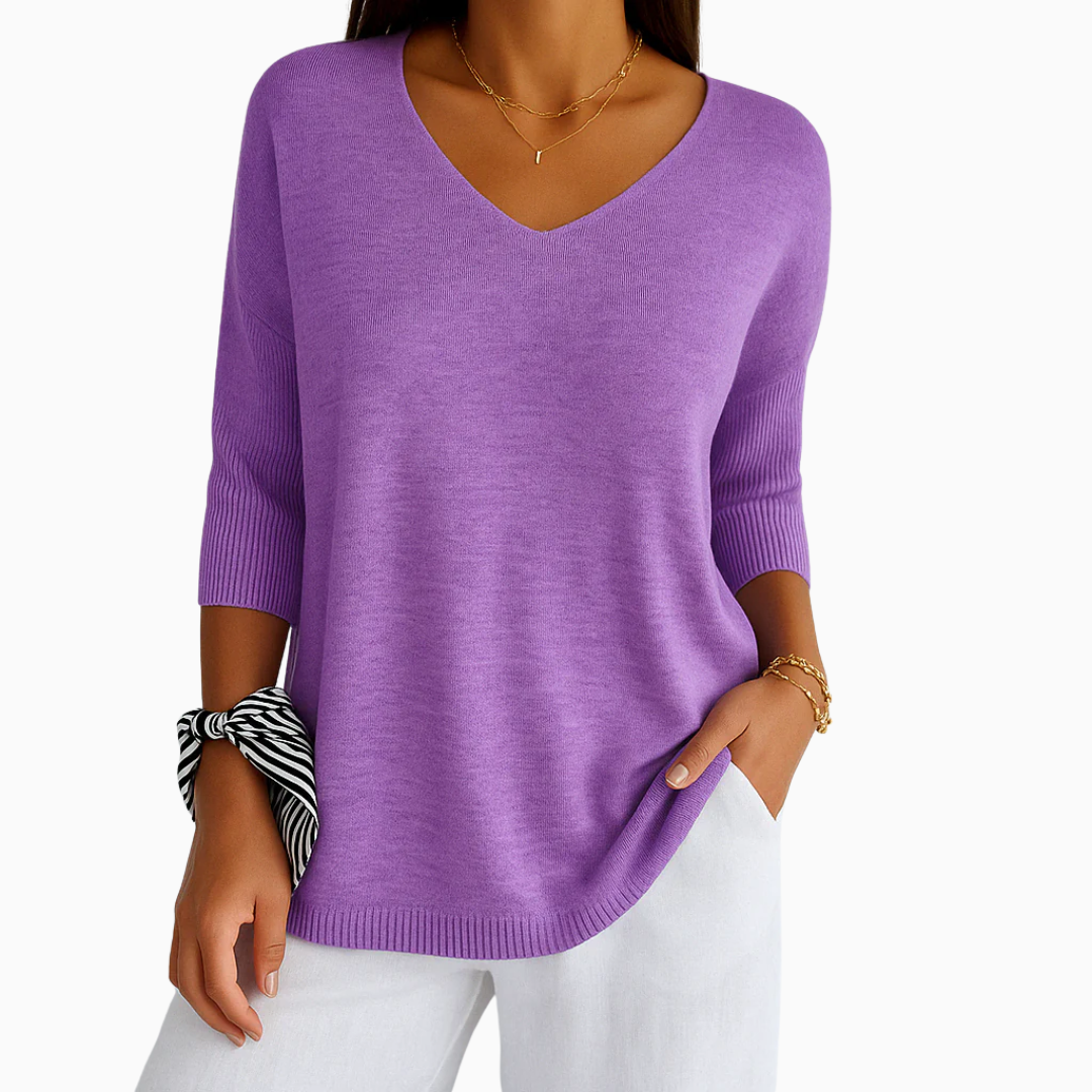 Pull Femme Col V Maille Légère Manches Courtes Coupe Décontractée