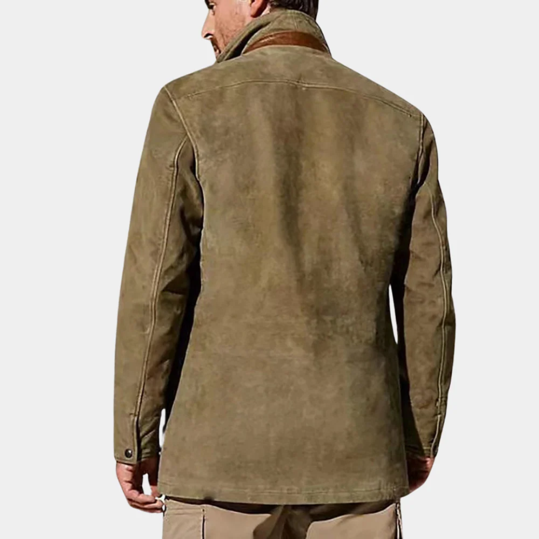 Veste Homme Suédine – Col Montant Zippée & Boutons | Style Casual Élégant