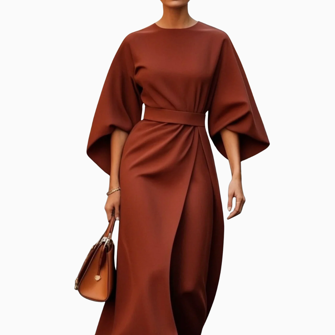 Robe Midi Femme – Manches Larges & Ceinture Taille | Élégance Structurée au Quotidien