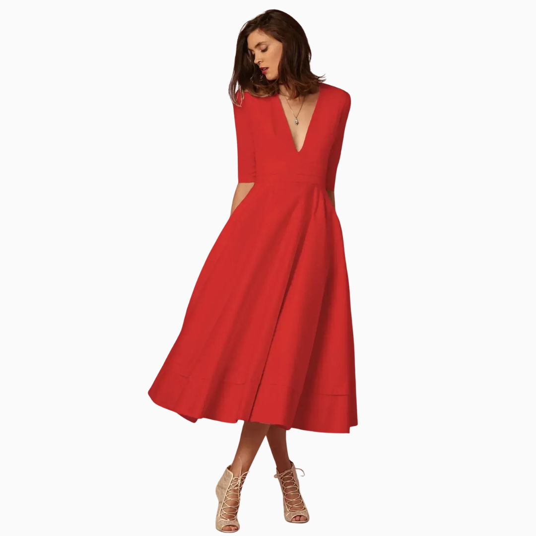 Robe Midi Femme Col V – Taille Ajustée Jupe Évasée | Silhouette Chic au Quotidien