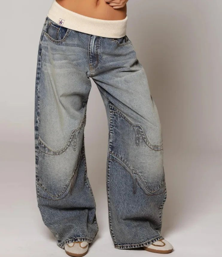 Jean Large Femme Patchwork Vintage Washed – Baggy Fit Tendance | Luna Jeans Femme