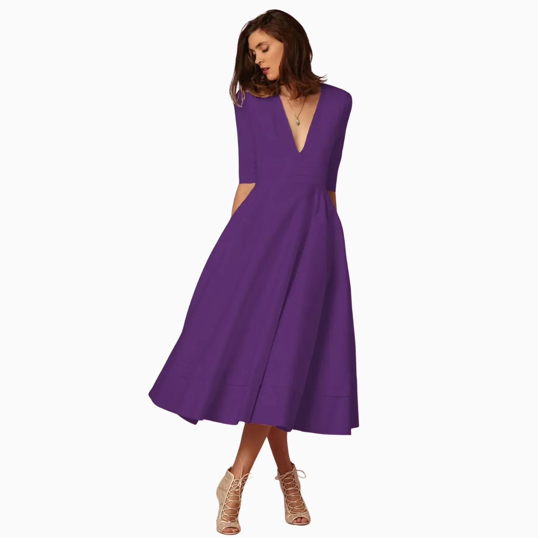 Robe Midi Femme Col V – Taille Ajustée Jupe Évasée | Silhouette Chic au Quotidien