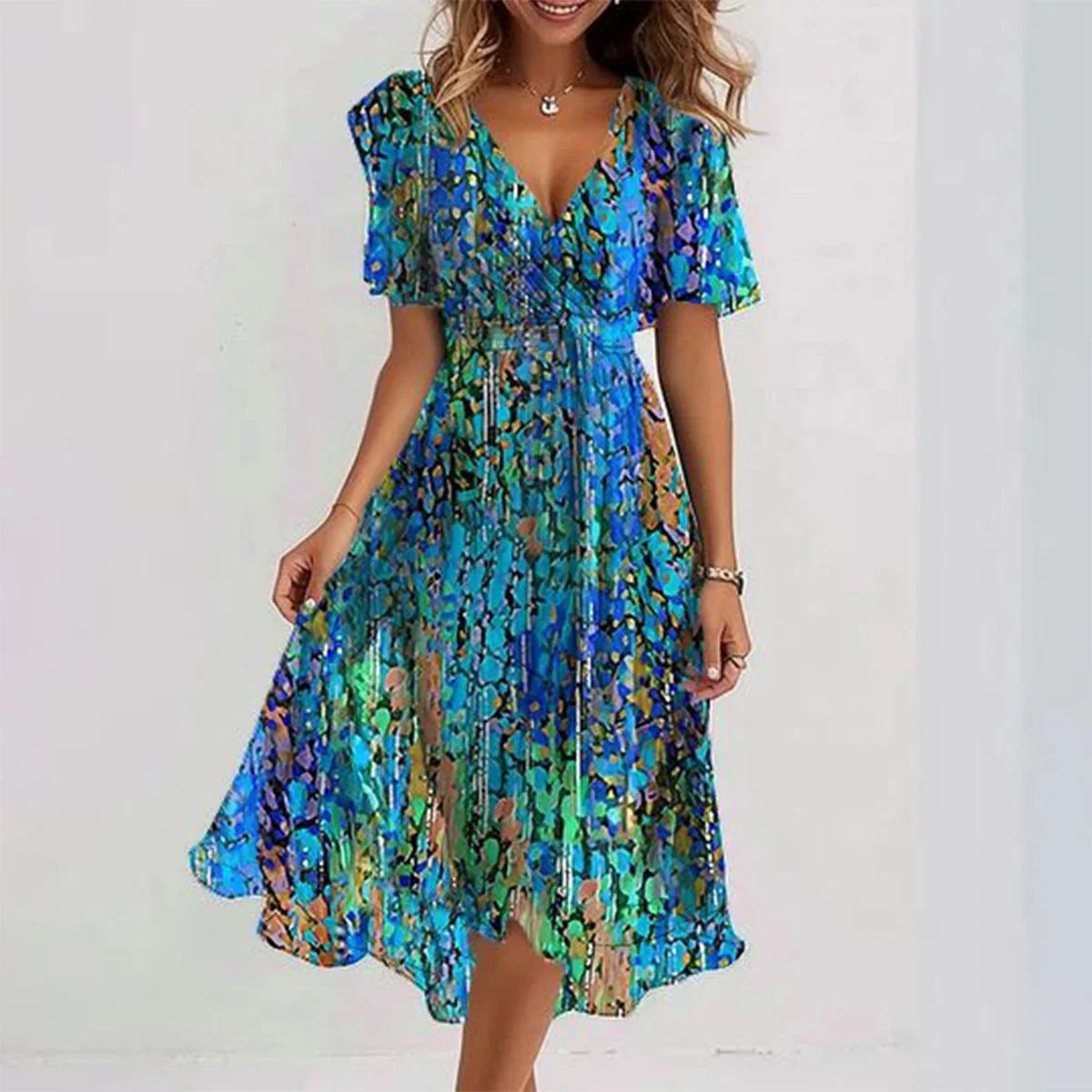 Robe Midi Femme Fleurie – Col V Lien à Nouer Manches Courtes | Style Estival & Féminin