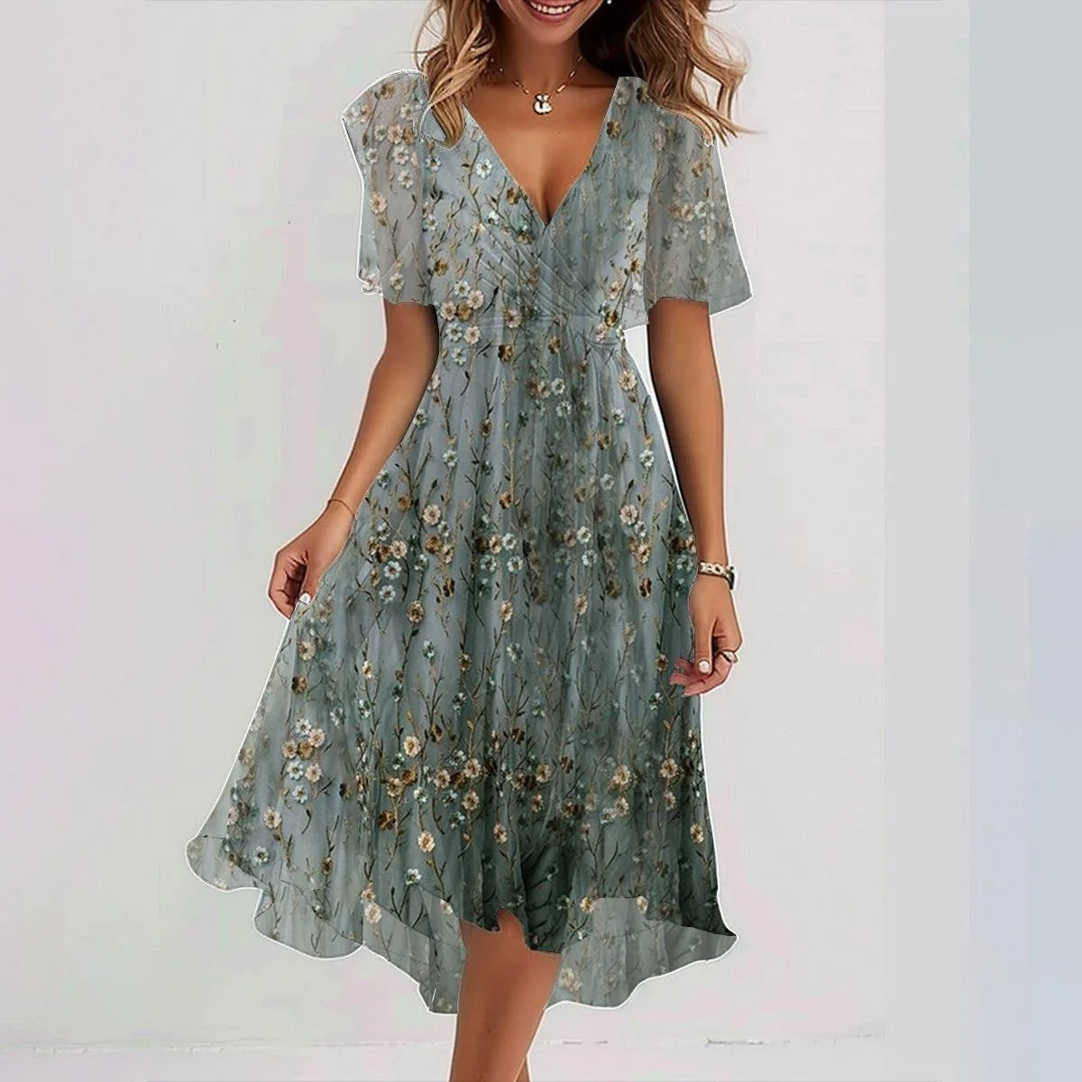 Robe Midi Femme Fleurie – Col V Lien à Nouer Manches Courtes | Style Estival & Féminin