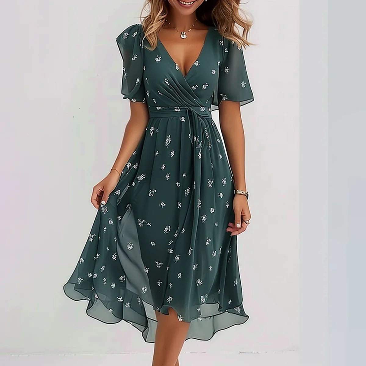 Robe Midi Femme Fleurie – Col V Lien à Nouer Manches Courtes | Style Estival & Féminin